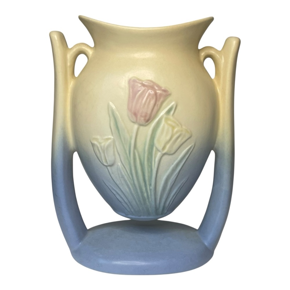 Hull Tulip Suspended Vase Yellow Blue 103 33 6 Double Handle 7” Vintage Pottery